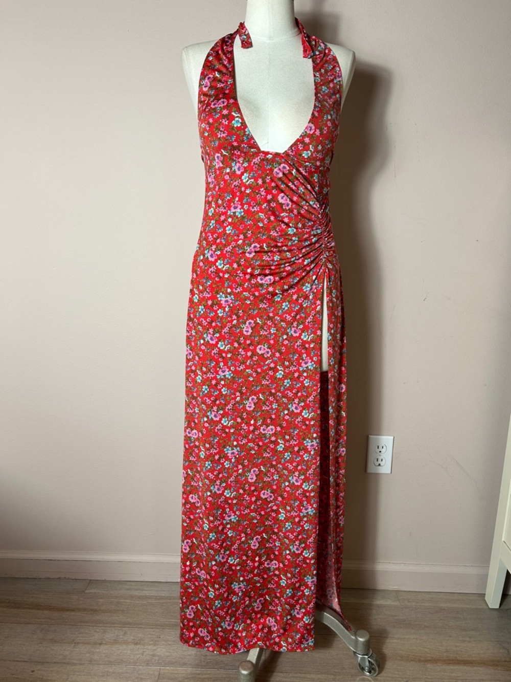 Wicked weasel Red Floral Halter Maxi Dress with Side Ruched Detail small Y2K